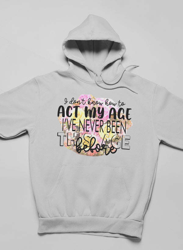 Light gray pullover hoodie with centered front graphic text, hood and kangaroo pocket