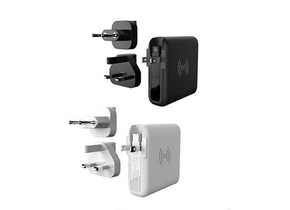 Travel multi-port charger with interchangeable plug adapters, black and white bodies