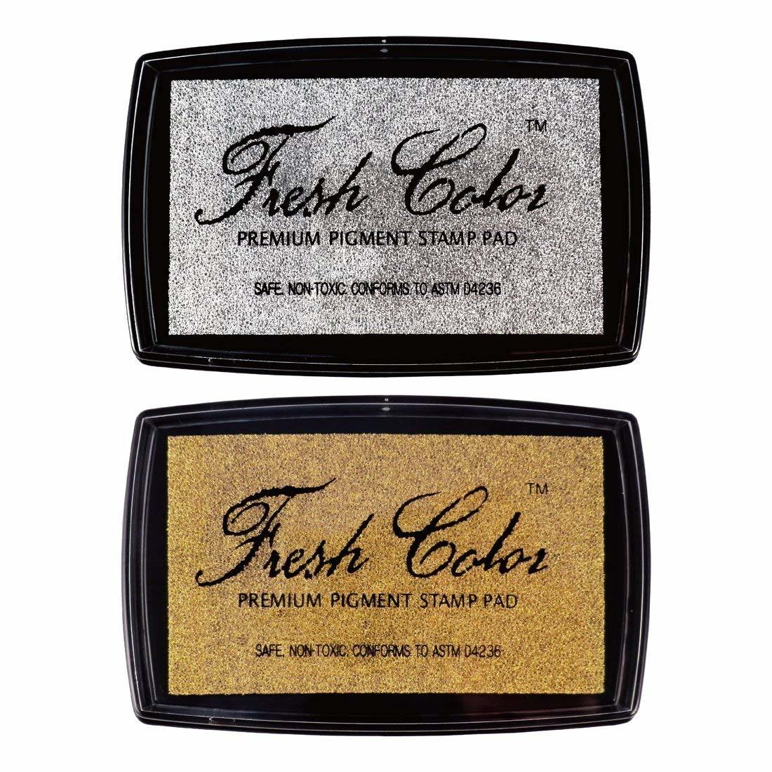 Gold pigment stamp pad in black case, face-up with 'Fresh Color' text.
