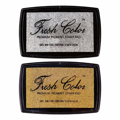 Gold pigment stamp pad in black case, face-up with 'Fresh Color' text.