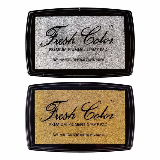 Gold pigment stamp pad in black case, face-up with 'Fresh Color' text.