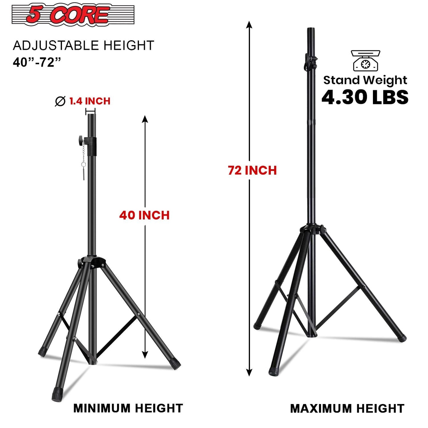 5 Core Speaker Stand Tripod Floor Tall Adjustable Up to 72 Inch DJ Studio Monitor Stands Pole Mount - SS ECO 1PK WOB