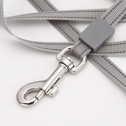 Retractable pet leash gray nylon ribbon with metal snap hook and clasp