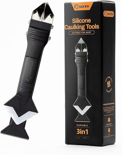 Black silicone caulking finishing tool with angled scraper head and grip handle