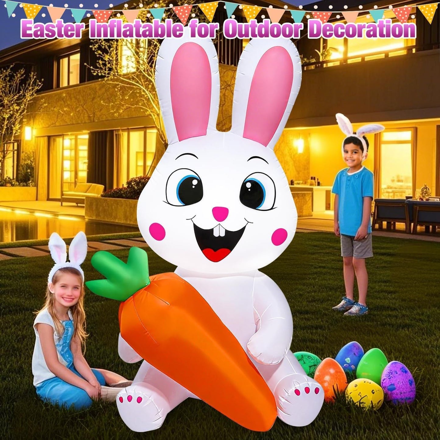 5 Ft Easter Inflatables Easter Decorations, Blow up Easter Bunny with LED Lights Baskets Light up Easter Decor, Easter Decorations for Home Holiday Party Indoor Outdoor Garden Lawn