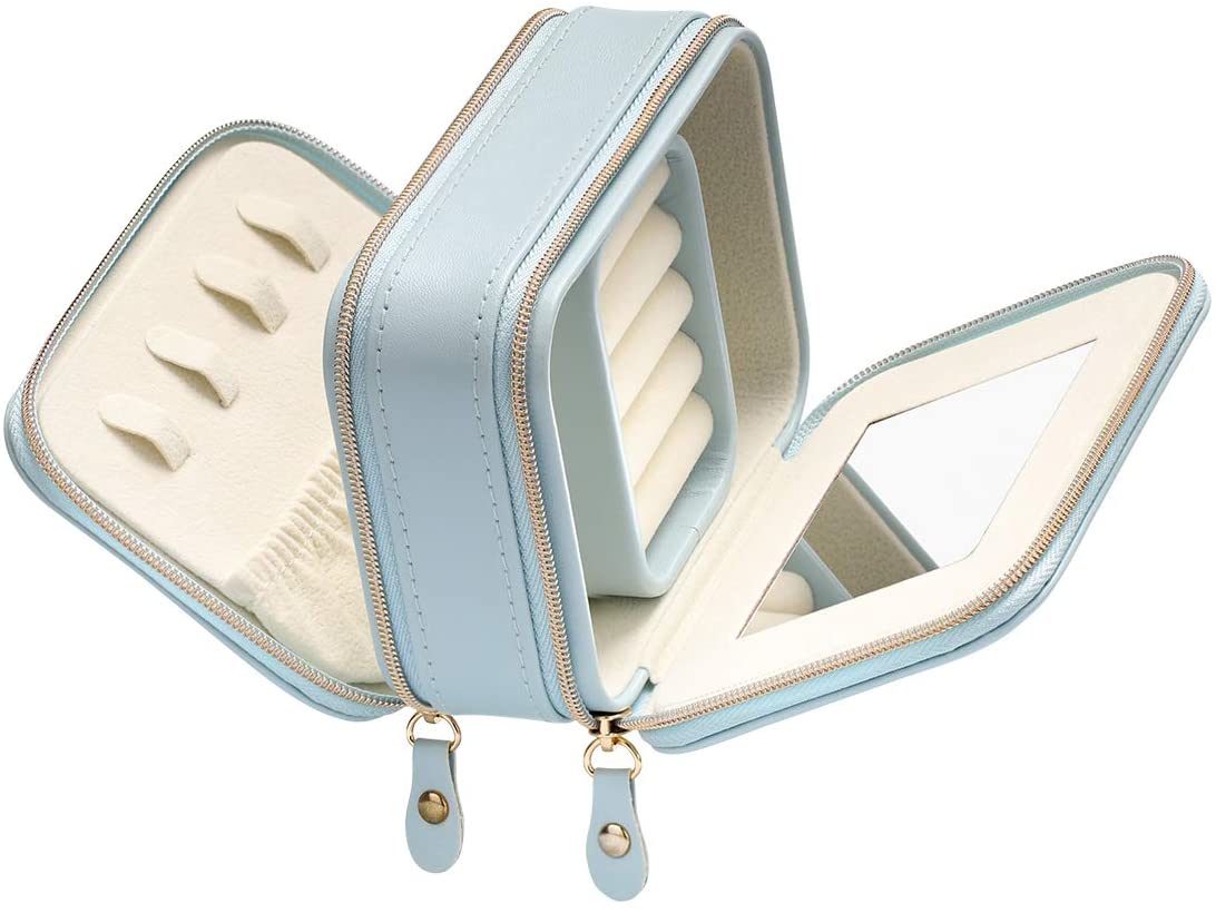 Blue jewelry storage case with double zippers, built-in mirror, and ring slots