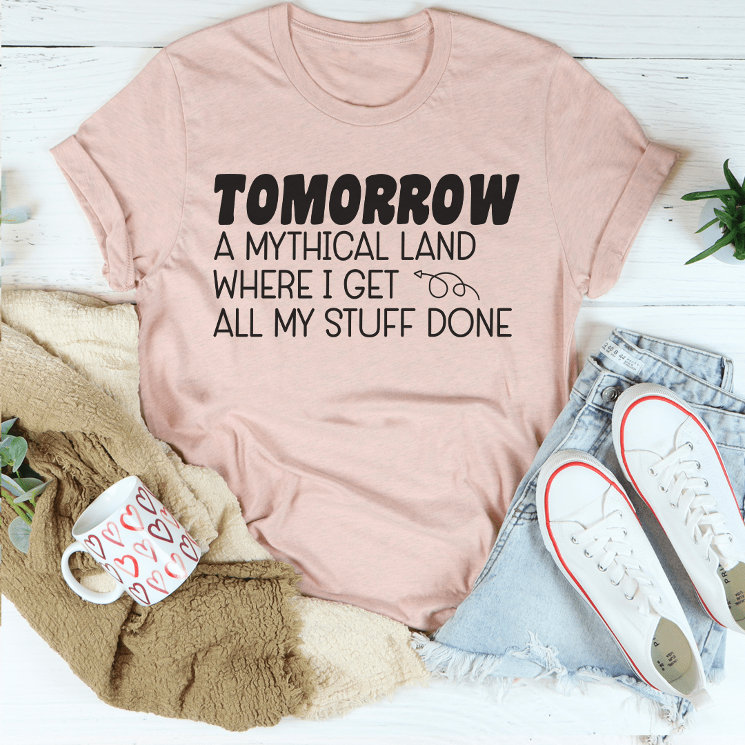 Mauve crew-neck T-shirt with “TOMORROW” and “ALL MY STUFF DONE” print