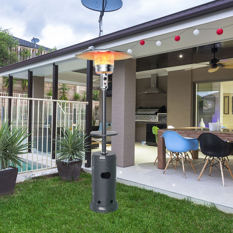 Propane patio heater with round heat top, side table, and black tank base