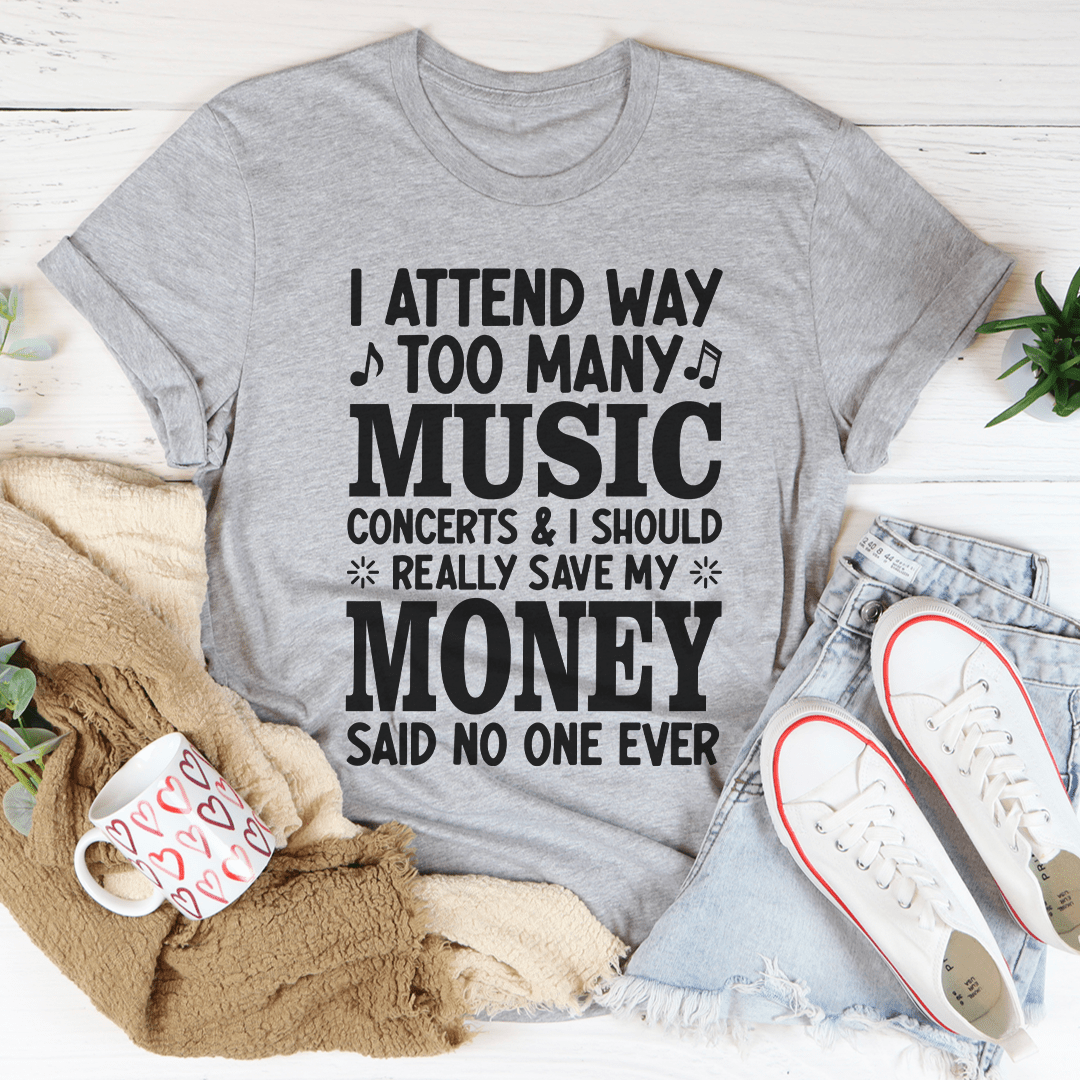 Gray T-shirt with bold music slogan and musical note graphic, crew neck