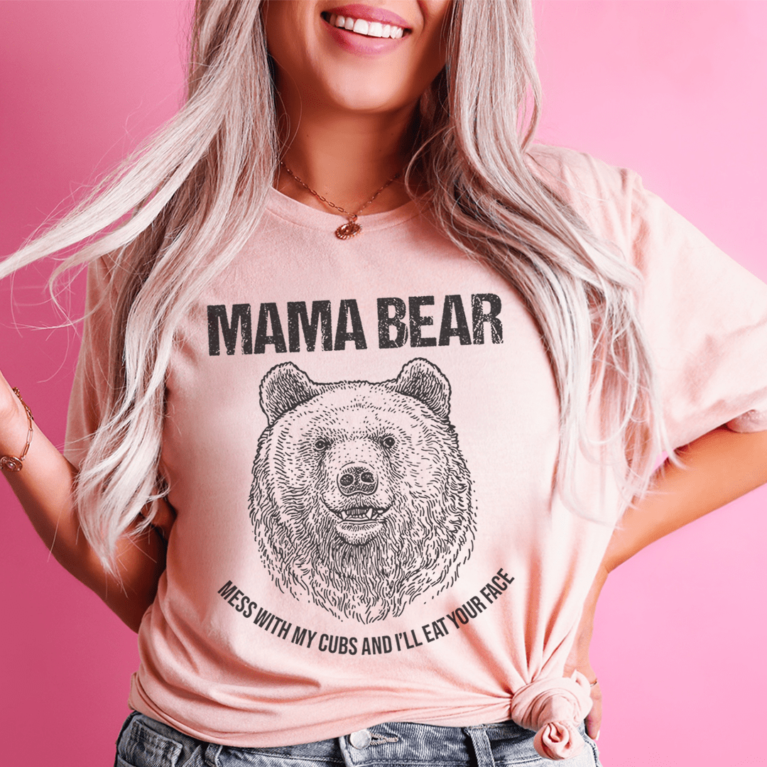 Women’s heather peach graphic T-shirt with large bear face front print