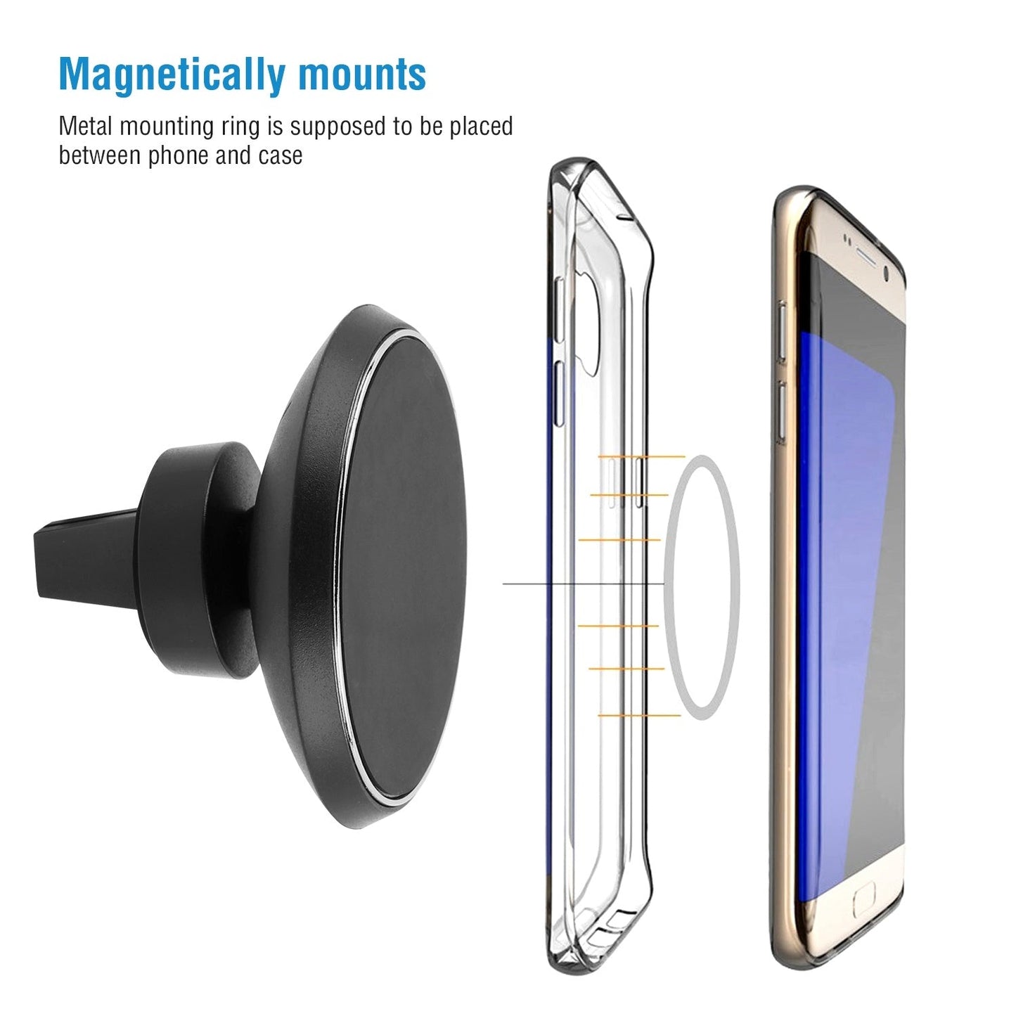 Black magnetic phone mount ring with vent clip holding a smartphone