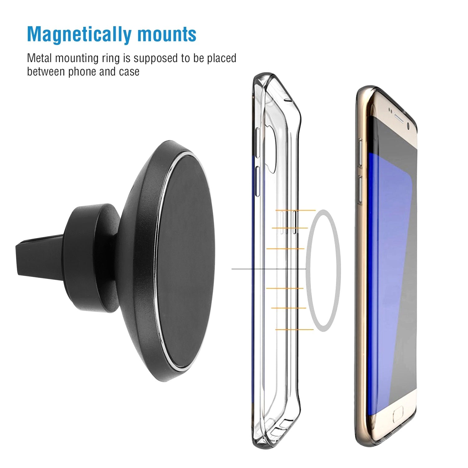 Black magnetic phone mount ring with vent clip holding a smartphone