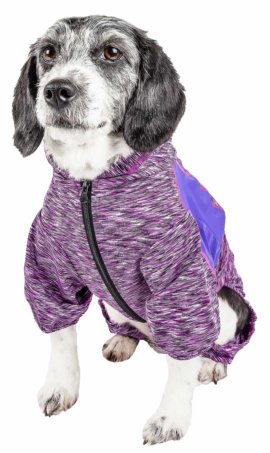 Purple heather dog warm-up hoodie with hood and black zipper on the chest