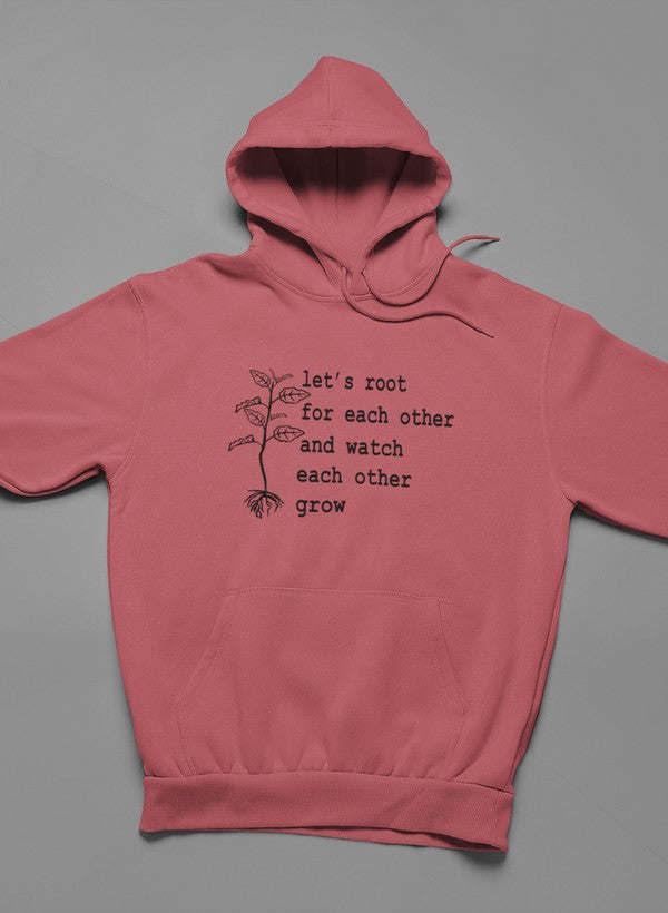 Mauve pink hoodie with front tree and quote graphic, pullover hood and kangaroo pocket