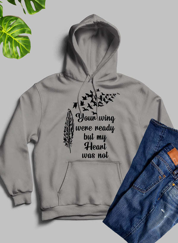 Gray pullover hoodie with front pocket and feather graphic text design on chest