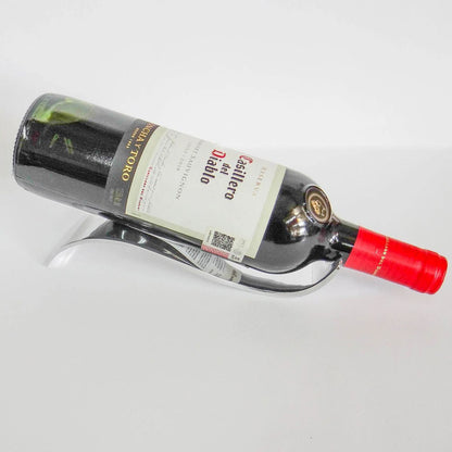 Minimalist metal bottle holder, curved chrome stand with bottle cradle