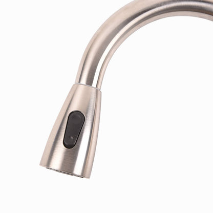 Stainless steel kitchen faucet with black single-lever handle on high-arc spout