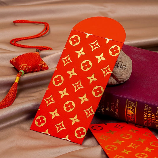 Set of red paper envelopes with gold star and flower pattern, arched top