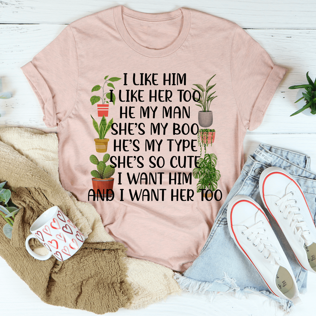 Heather peach T-shirt with colorful plant graphic and text slogan on chest
