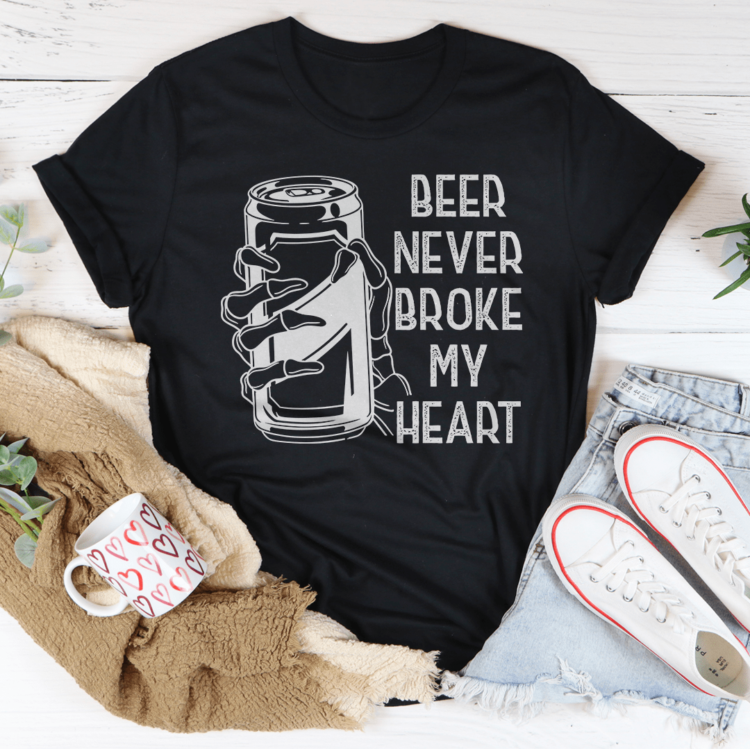 Black heather crewneck T-shirt with beer-can skull graphic and slogan text