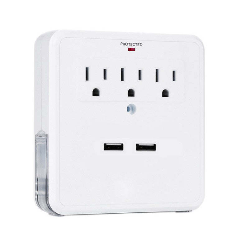 White wall adapter showing three AC outlets, surge protection indicator, and dual USB ports