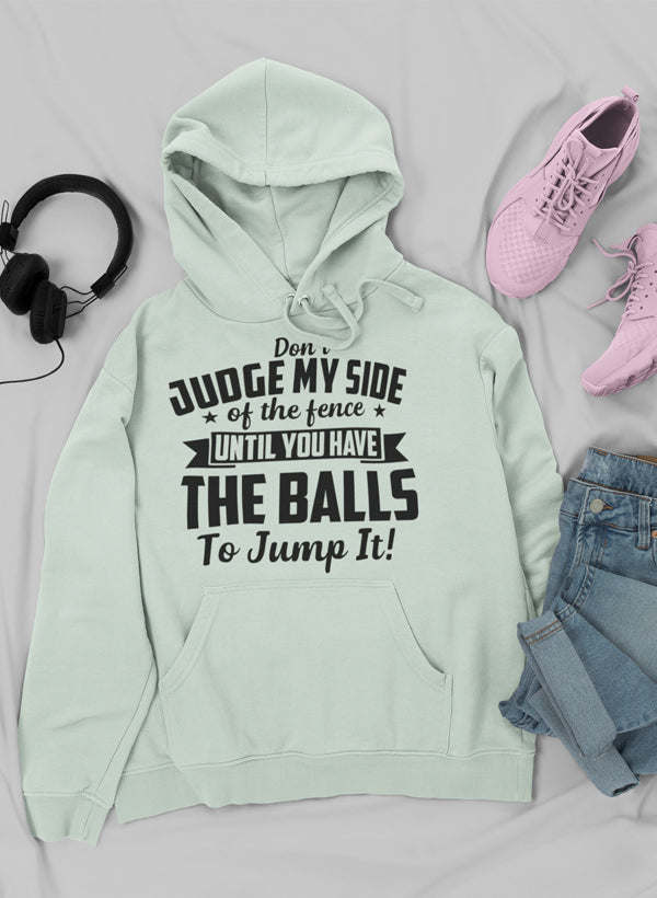 Mint green hoodie with kangaroo pocket and drawstring hood with bold front graphic text
