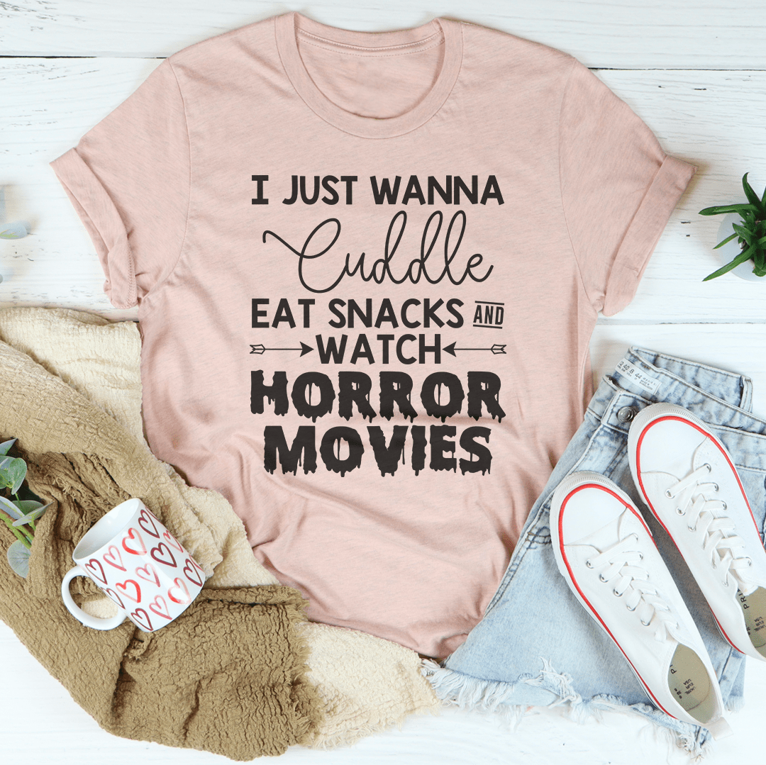 Mauve crewneck t-shirt with 'I Just Wanna Cuddle' 'Watch Horror Movies' graphic