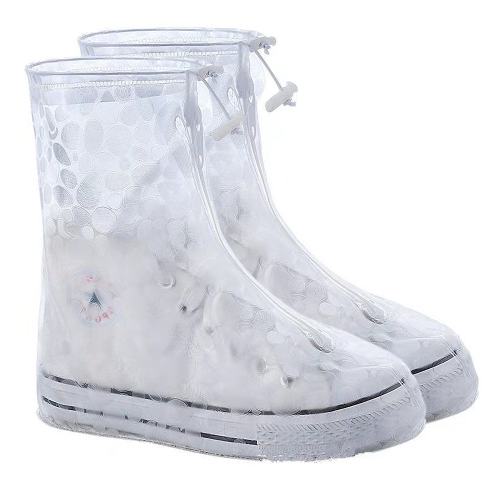 Reusable rain boot cover, clear white circular pattern, zip-style closure at top