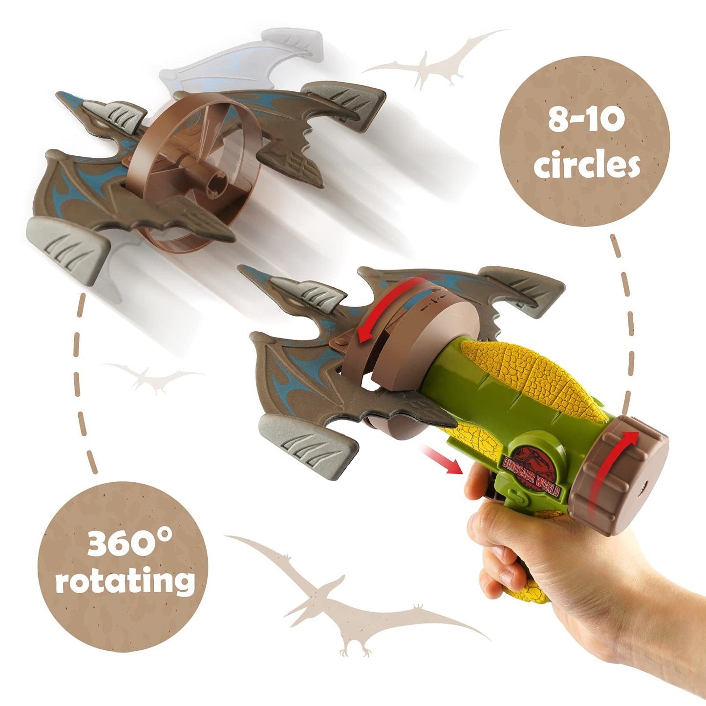 Dinosaur rocket launcher airplane toy with green foam barrel and dinosaur planes, held by hand
