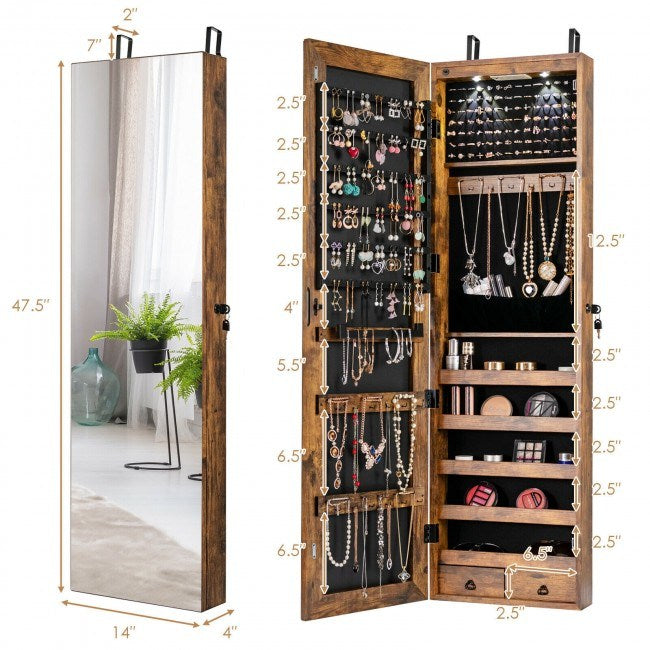 Mirrored jewelry cabinet with lit organizer panels, necklace hooks, and drawer storage