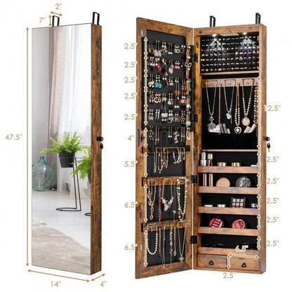 Mirrored jewelry cabinet with lit organizer panels, necklace hooks, and drawer storage