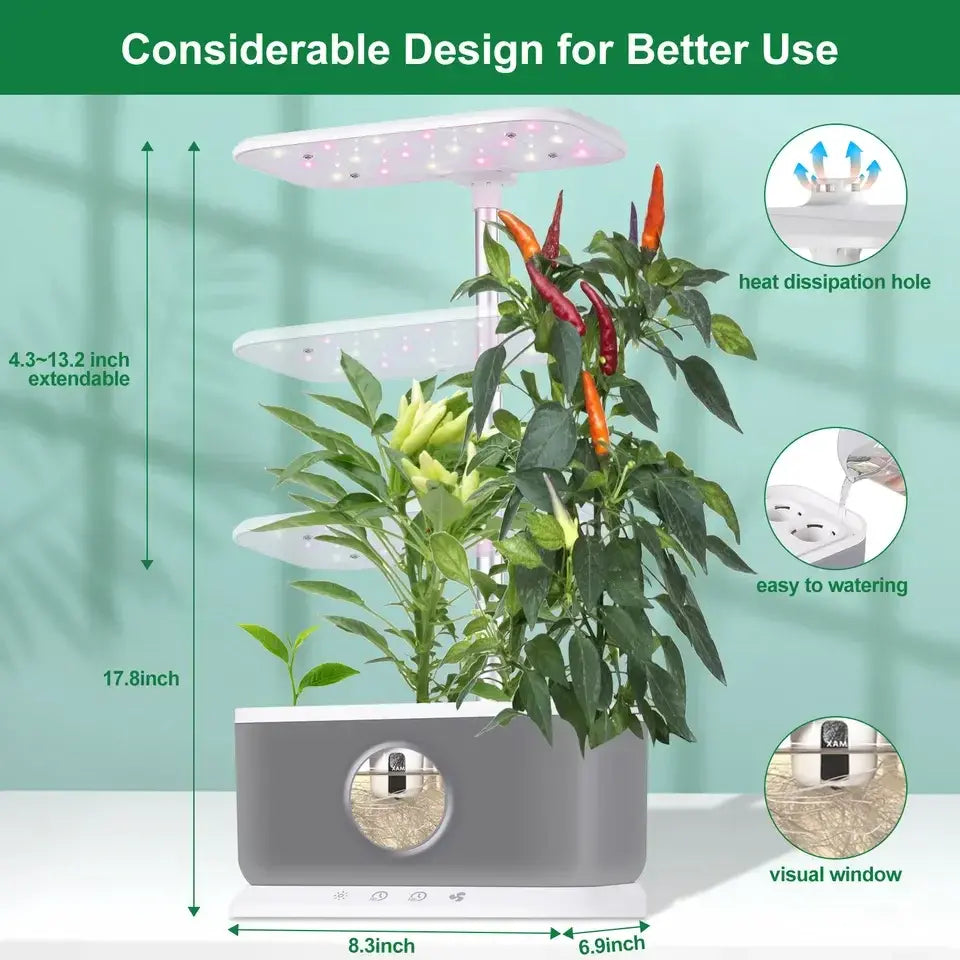 Indoor hydroponics planter with LED grow light, gray reservoir, and leafy plants through window