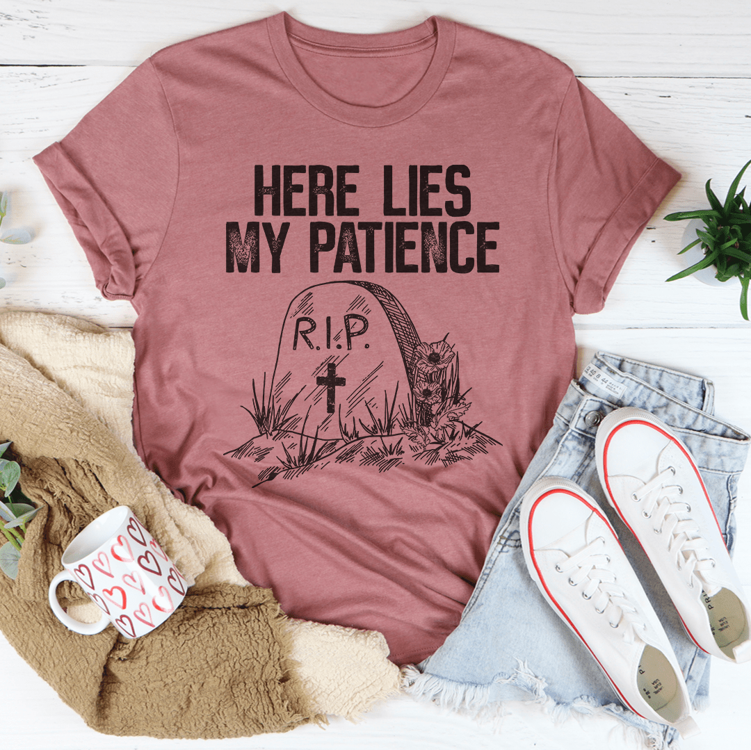 Dusty rose crew-neck graphic T-shirt with bold black slogan and R.I.P. tombstone art