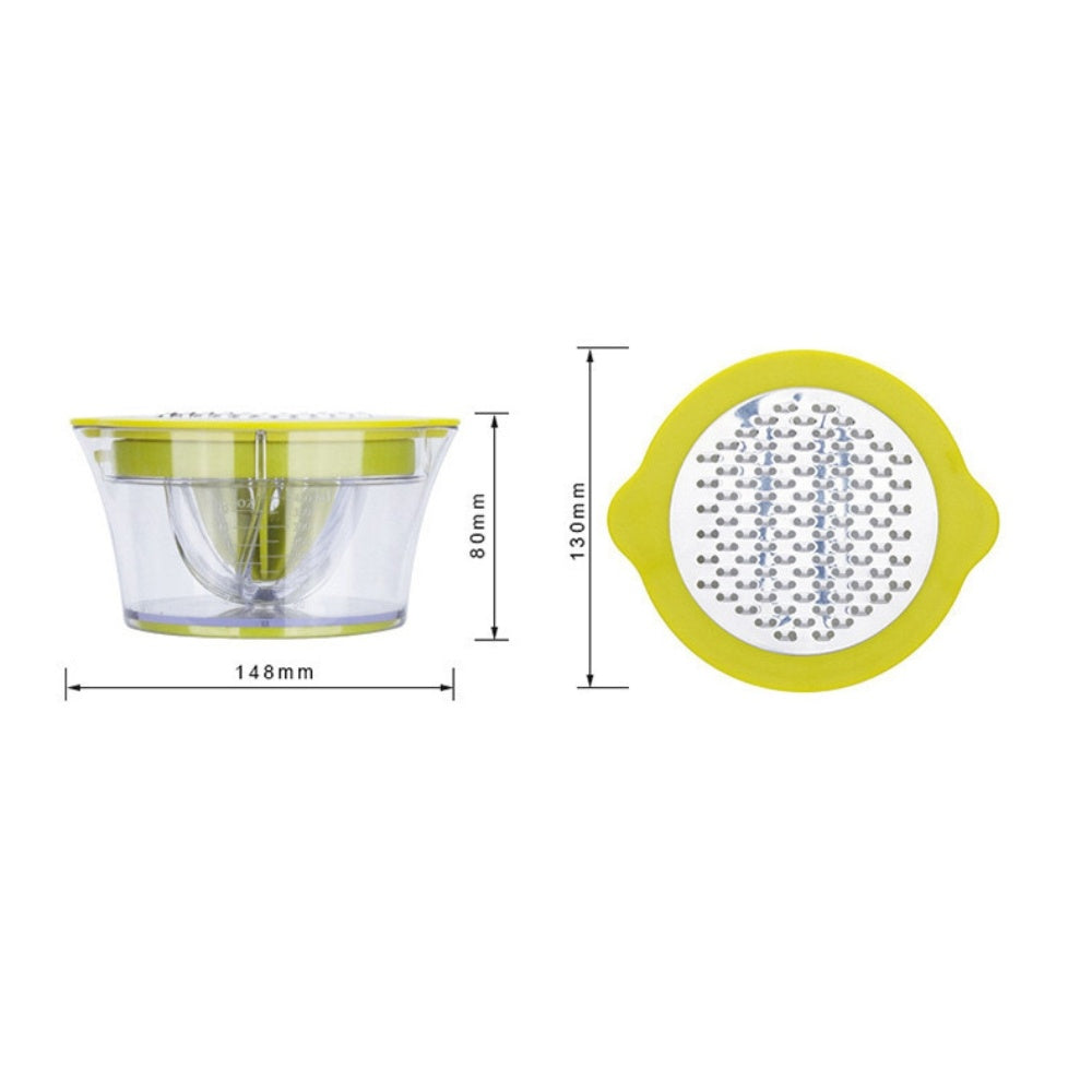 Green manual citrus squeezer measuring cup with size diagram and strainer detail.
