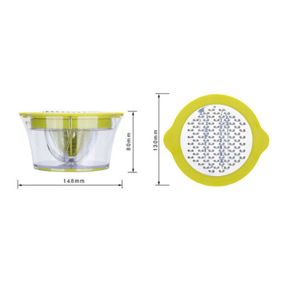 Green manual citrus squeezer measuring cup with size diagram and strainer detail.