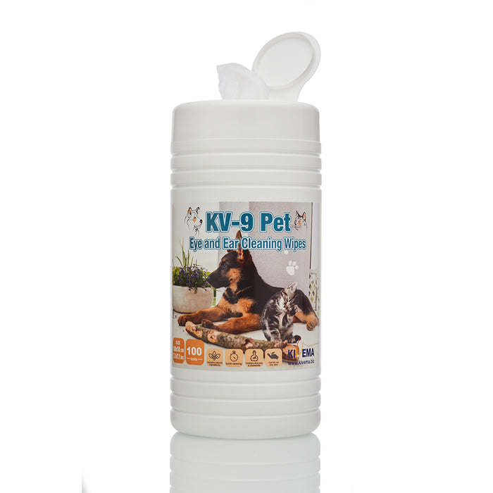 Dog eye and ear cleaning wipe container with flip-top lid, white cap