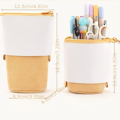 Telescopic pencil holder stationery case pair, white top with tan and white, zip closure