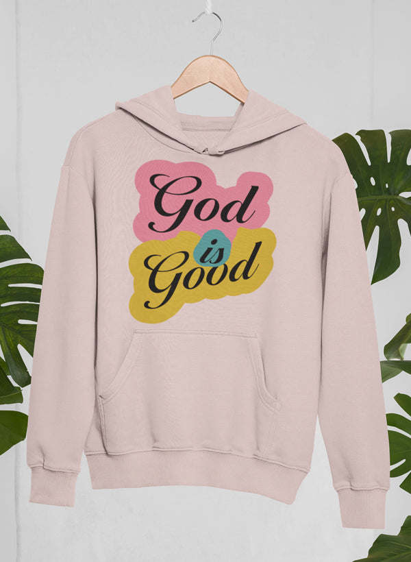 Heather pink hoodie with front pocket and 'God is Good' lettering graphic