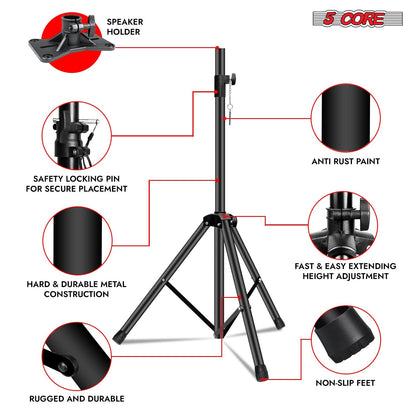 5 Core Speaker Stand Tripod Floor Tall Adjustable Up to 72 Inch DJ Studio Monitor Stands Pole Mount - SS ECO 1PK WOB