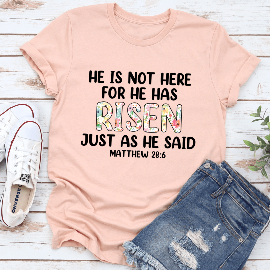 Peach heather T-shirt with 'Risen' graphic and 'Matthew 28:6' chest lettering