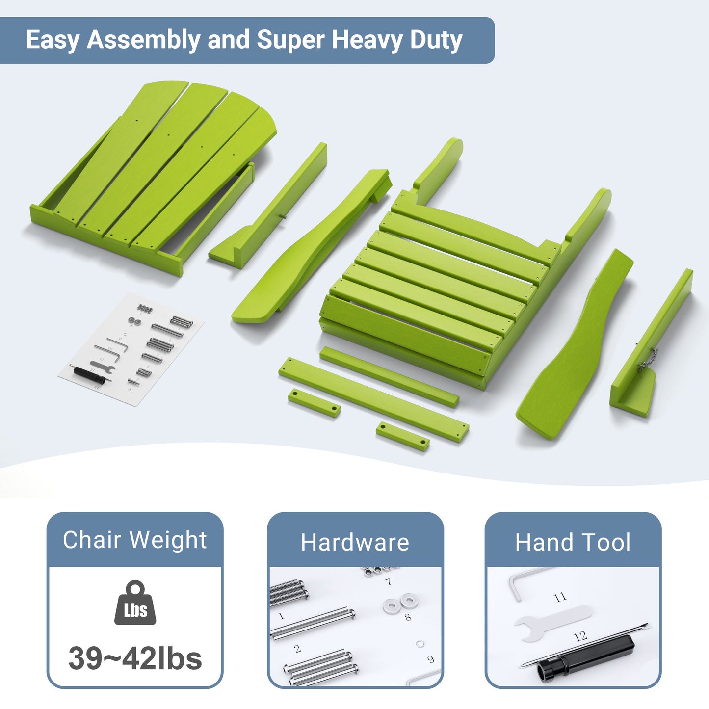 Folding adirondack chair parts set in bright green with hardware and tools