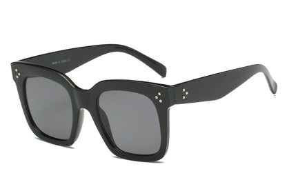 Black square flat-top sunglasses side view with dark gray lenses, stud details on temples
