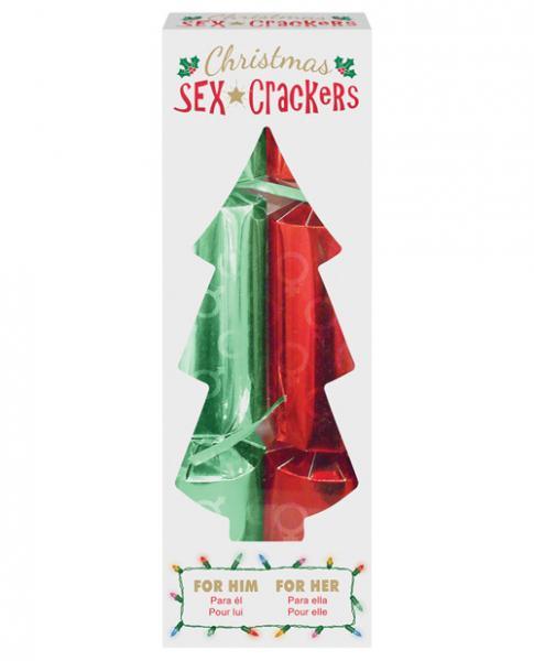 Christmas sex crackers: red and green tree-fold crackers labeled For Him and For Her