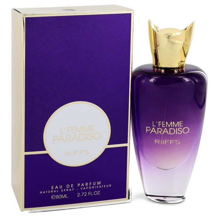 Eau de parfum spray bottle with gold cap, purple glass, in matching purple box.