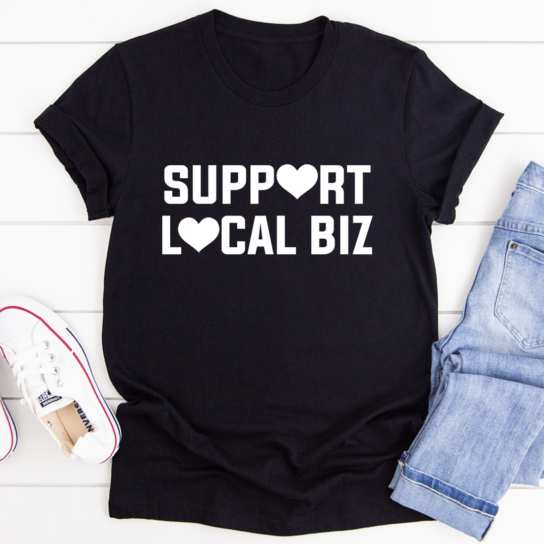 Support Local Biz T-shirt, black with white heart logo text
