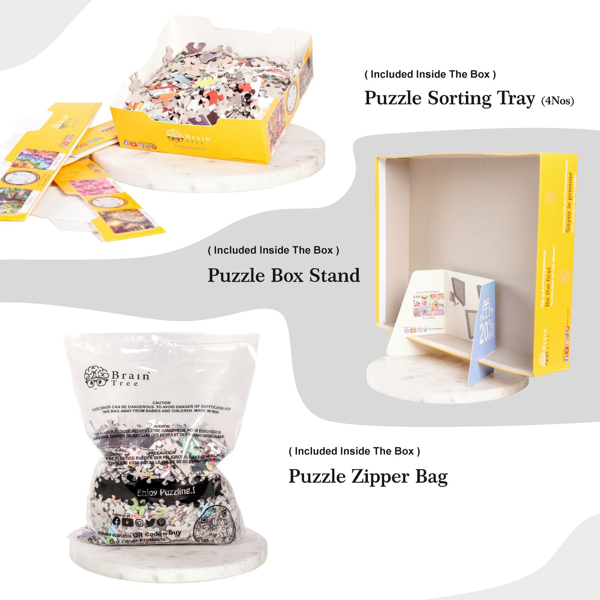 Jigsaw puzzle accessories set: sorting tray, box stand, and zipper bag in pouch