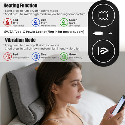 Dark gray neck massager pillow with textured heat zone and control buttons