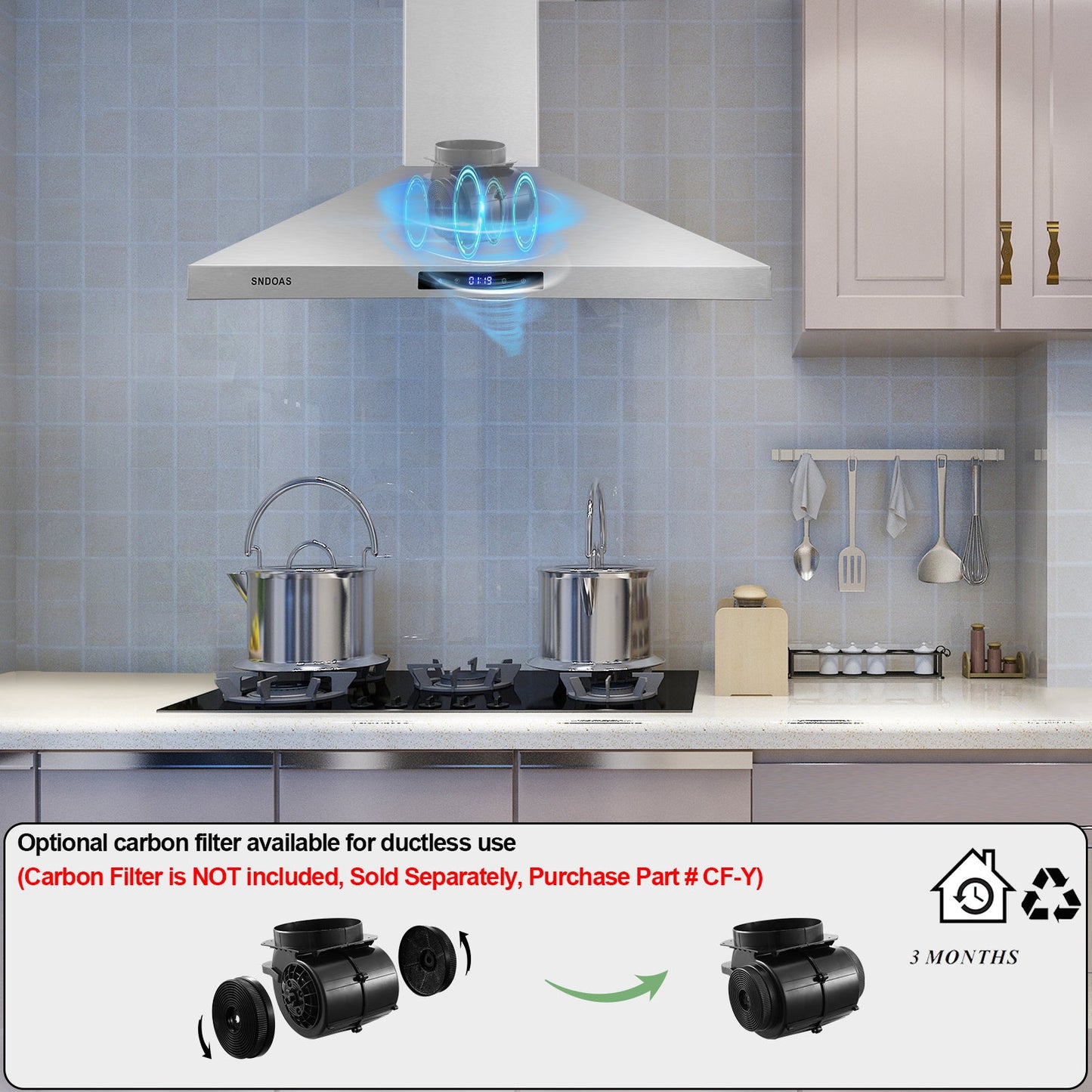 Stainless steel range hood with illuminated fan and ducted chimney above stove