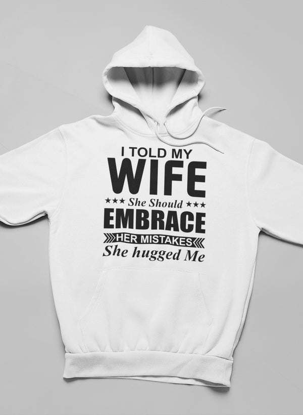 White pullover hoodie with front hood and large chest typographic slogan print