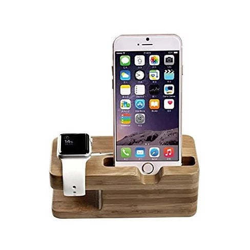 Natural wood charging dock holding iPhone upright and Apple Watch on side stand